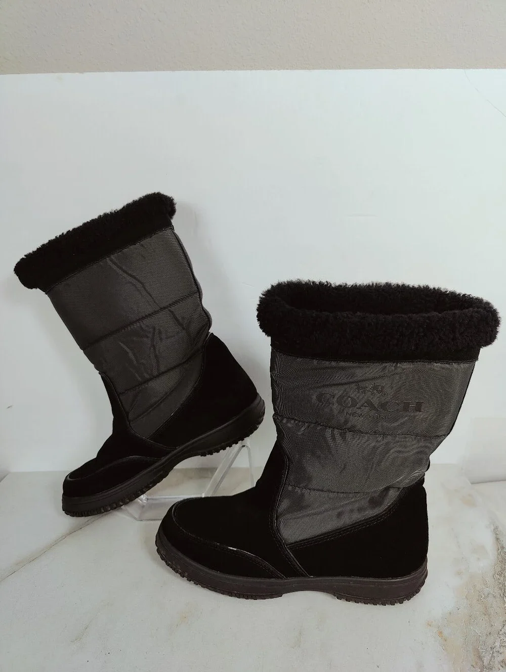 Coach Sherman Suede Nylon Winter Boots, Black, Sz 6.5